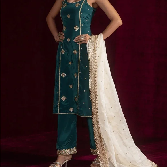 Teal Palazzo Suit with Duputta - Picture 4 of 5